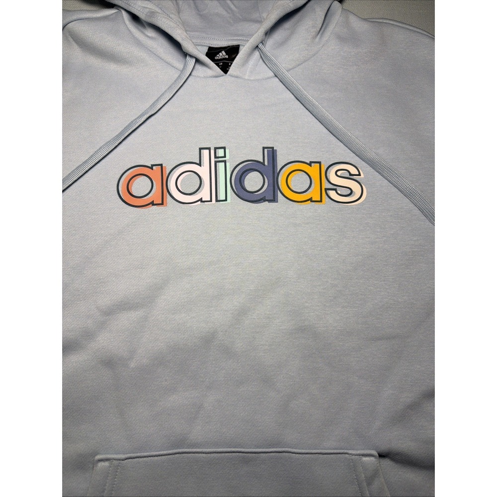 Adidas Sweatshirt Hoodie Womens Size M Blue with Multi-Color Logo Light Blue - Picture 2 of 16